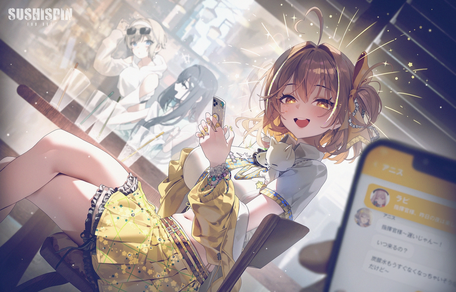 anis_(nikke), black_hair, blue_eyes, blush, brown_eyes, brown_hair, drink, goddess_of_victory:_nikke