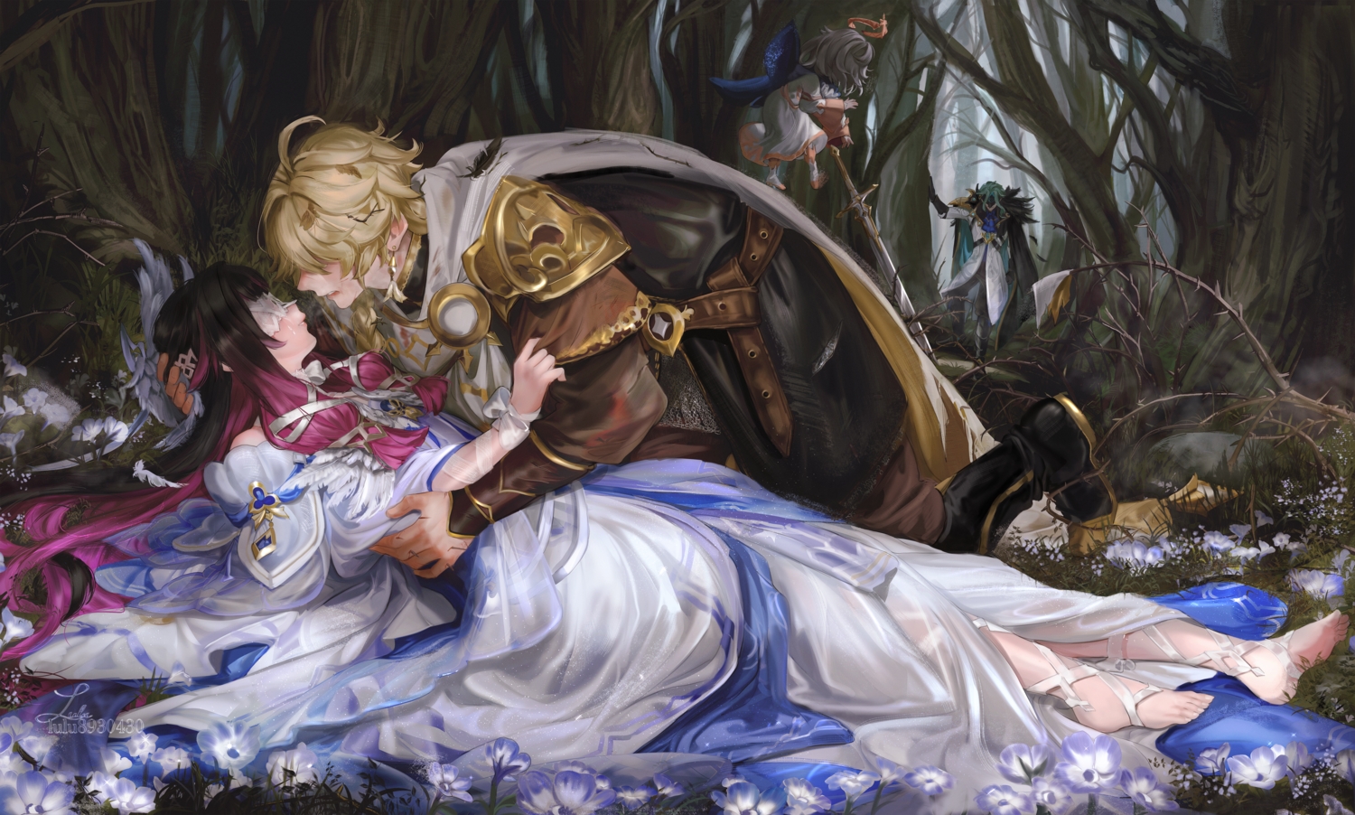 2girls, aether_(genshin_impact), armor, barefoot, blonde_hair, braids, brown_hair, cape, columbina_(genshin_impact), dottore_(genshin_impact), dress, flowers, forest, genshin_impact, gloves, grass, gray_hair, green_hair, lluluchwan, long_hair, male, mask, paimon_(genshin_impact), ponytail, sword, tears, tree, watermark, weapon, wings