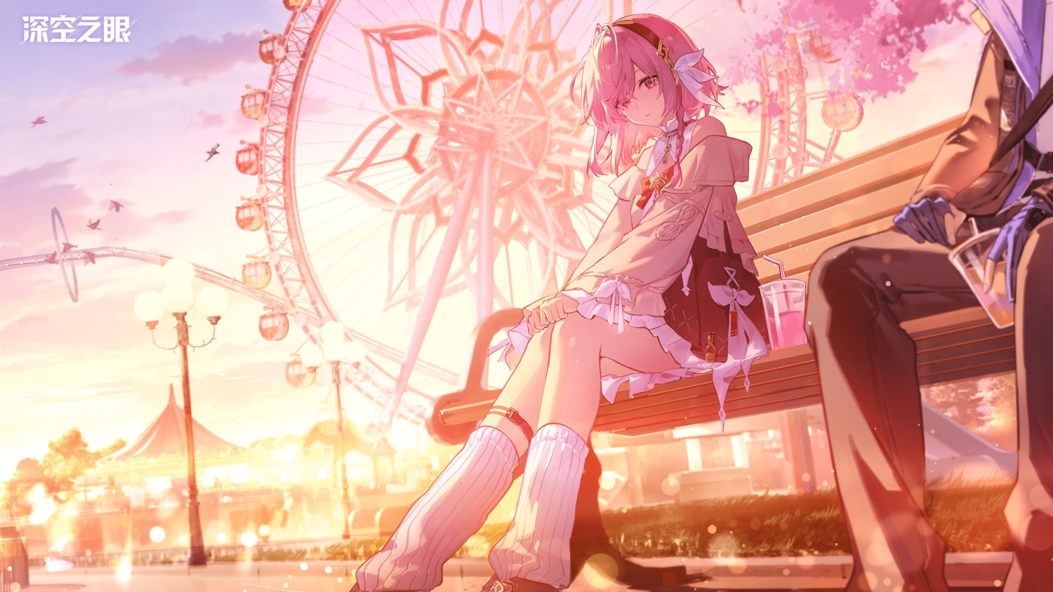 aether_gazer, bow, braids, clouds, dress, drink, garter, headband