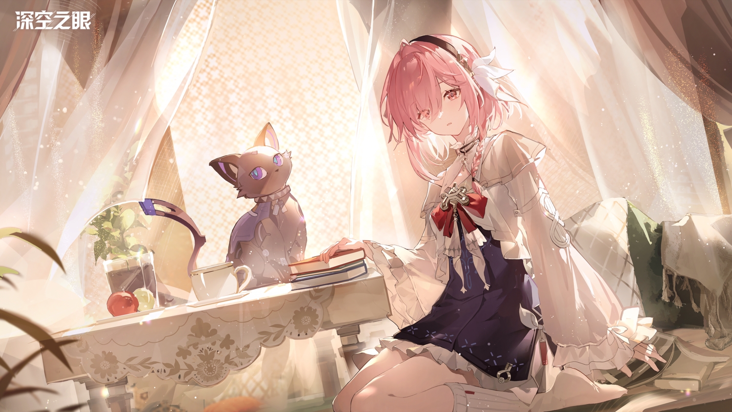 aether_gazer, animal, apple, book, bow, braids, cat, dress