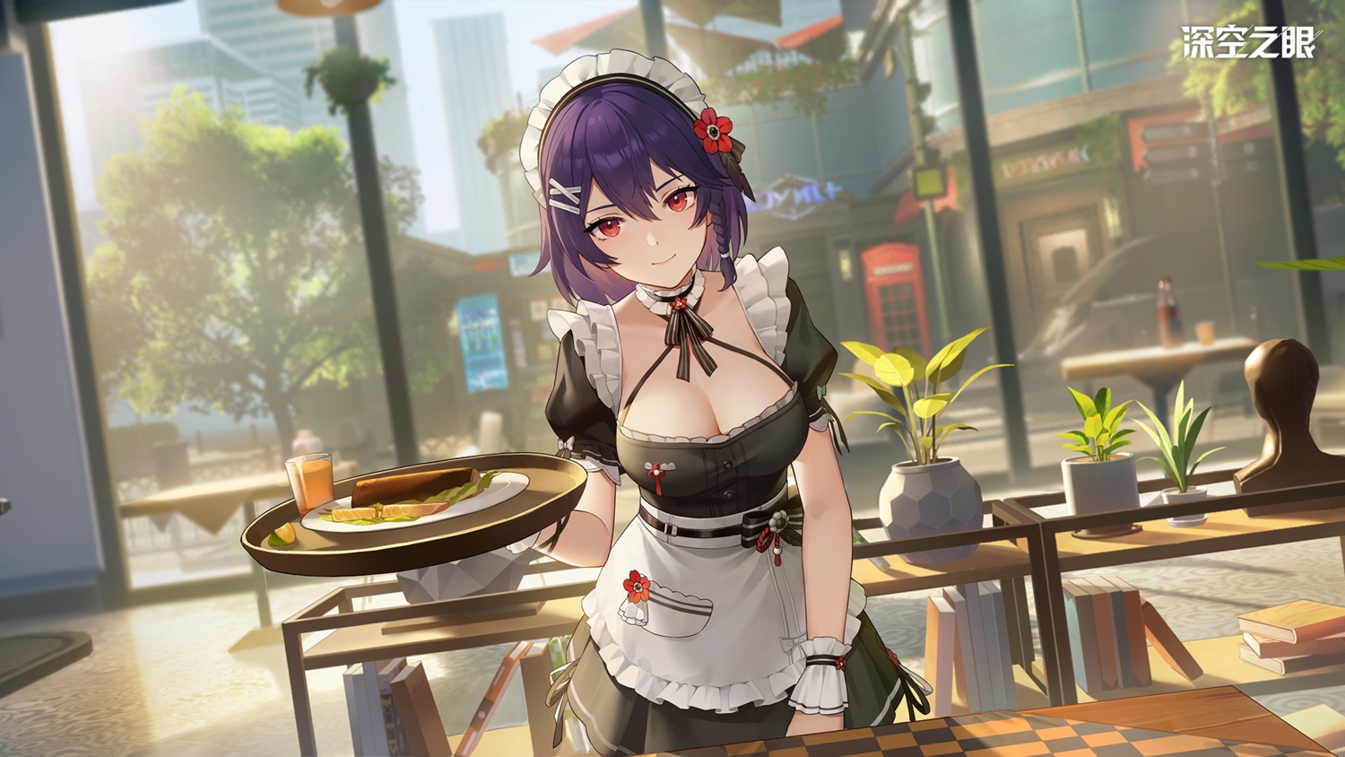 aether_gazer, apron, book, braids, breasts, building, buzenbo_(aether_gazer), choker