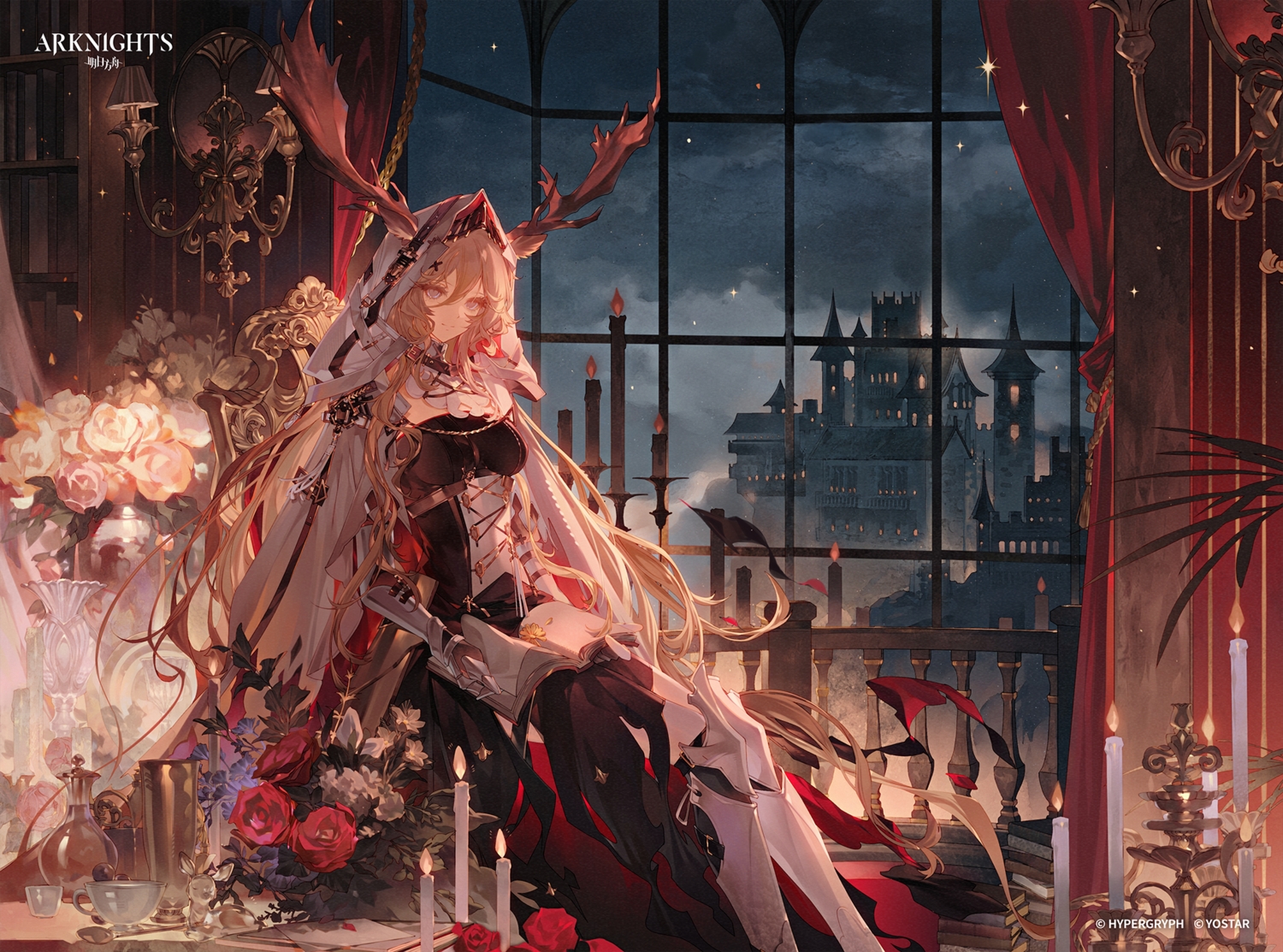 animal_ears, arknights, armor, blonde_hair, blue_eyes, book, building, cape, clouds, dress, flowers, hood, horns, logo, long_hair, night, paper, rose, shachang, sky, stars, viviana_(arknights), watermark