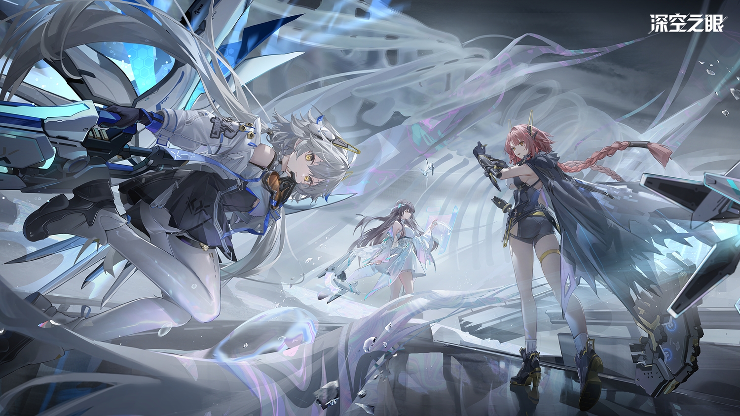 aether_gazer, ass, braids, brown_hair, cape, dress, garter, gloves, gray_hair, heimdall_(aether_gazer), logo, long_hair, mechagirl, orange_eyes, pantyhose, pink_hair, shorts, tagme_(artist), thor_(aether_gazer), torn_clothes, twintails, weapon, yellow_eyes, zenkibo_(aether_gazer)