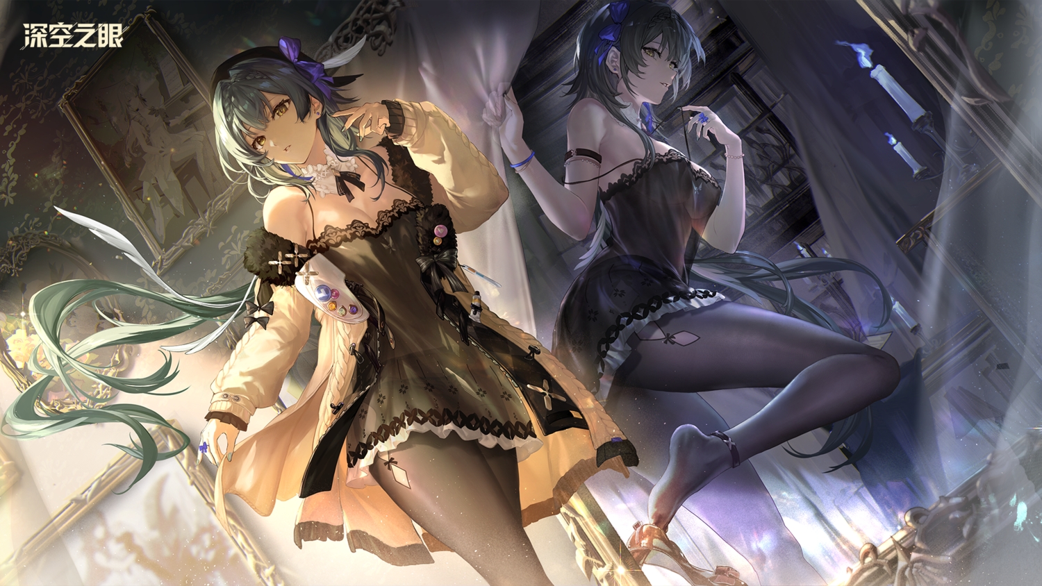 2girls, aether_gazer, aqua_hair, black_hair, bow, braids, breasts, cleavage, dress, logo, long_hair, mirror, pantyhose, reflection, tagme_(artist), thoth_(aether_gazer), yellow_eyes