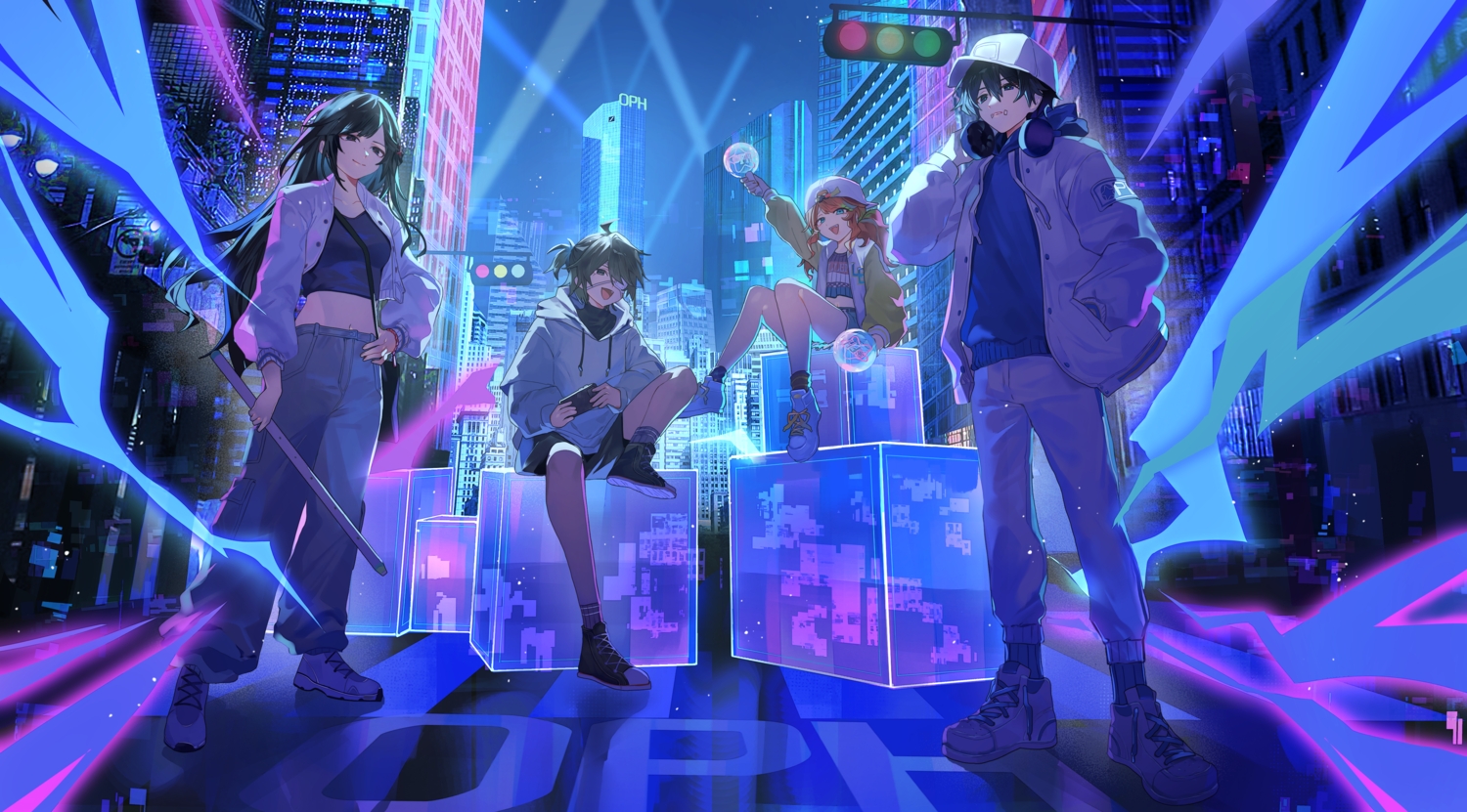 black_eyes, black_hair, blue_eyes, building, city, eyepatch, gray_hair, group