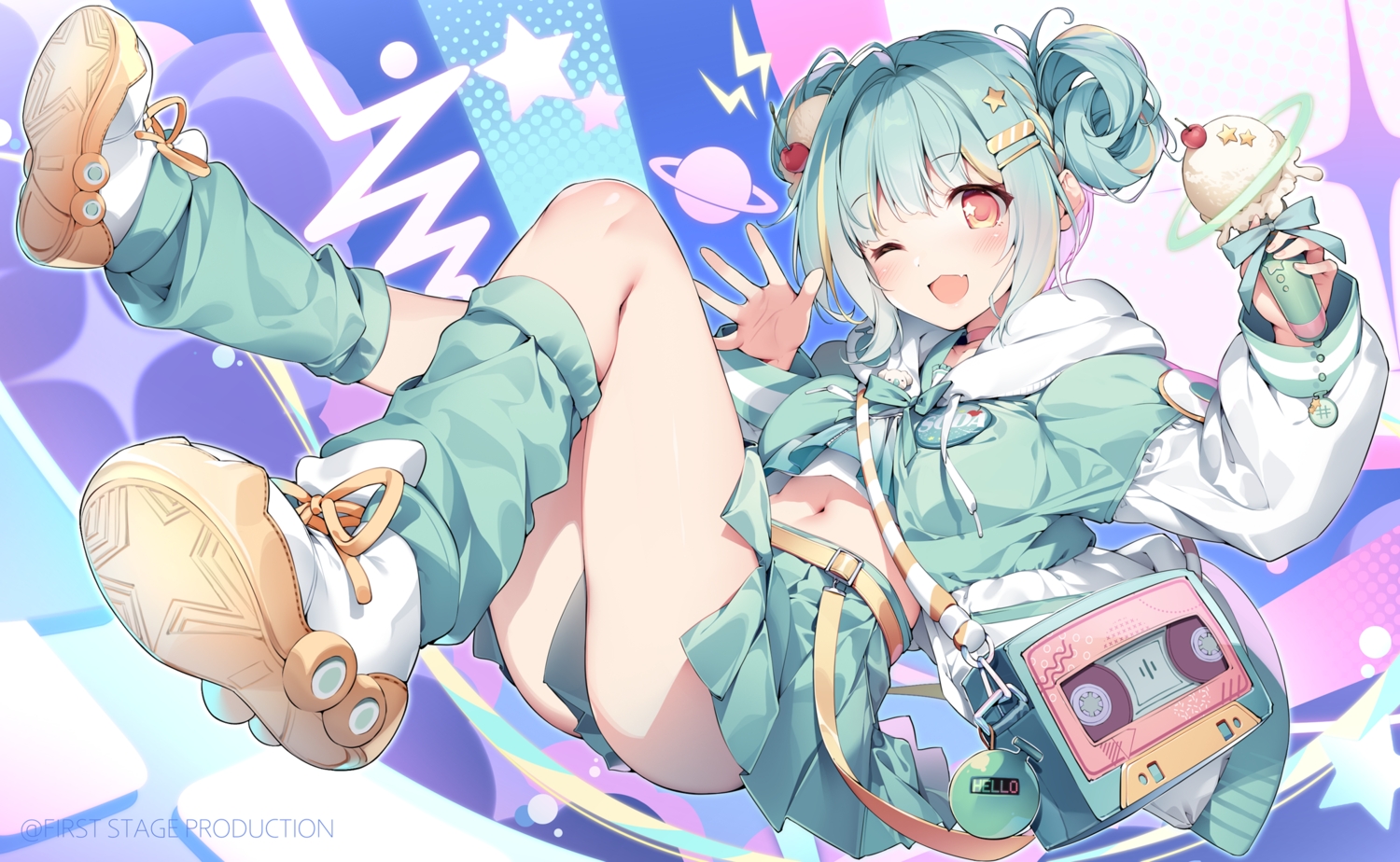 aqua_hair, blush, bow, braids, cat_smile, cherry, choker, fang