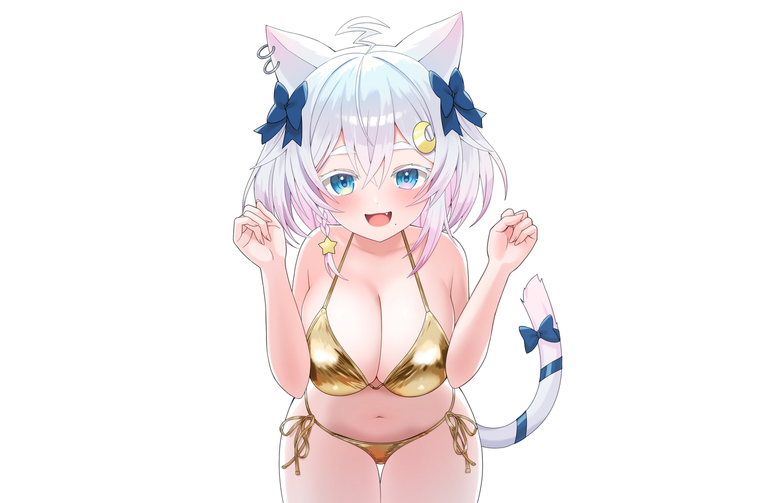 animal_ears, aqua_eyes, bettle_(b_s_a_n), bikini, blush, bow, braids, breast_hold