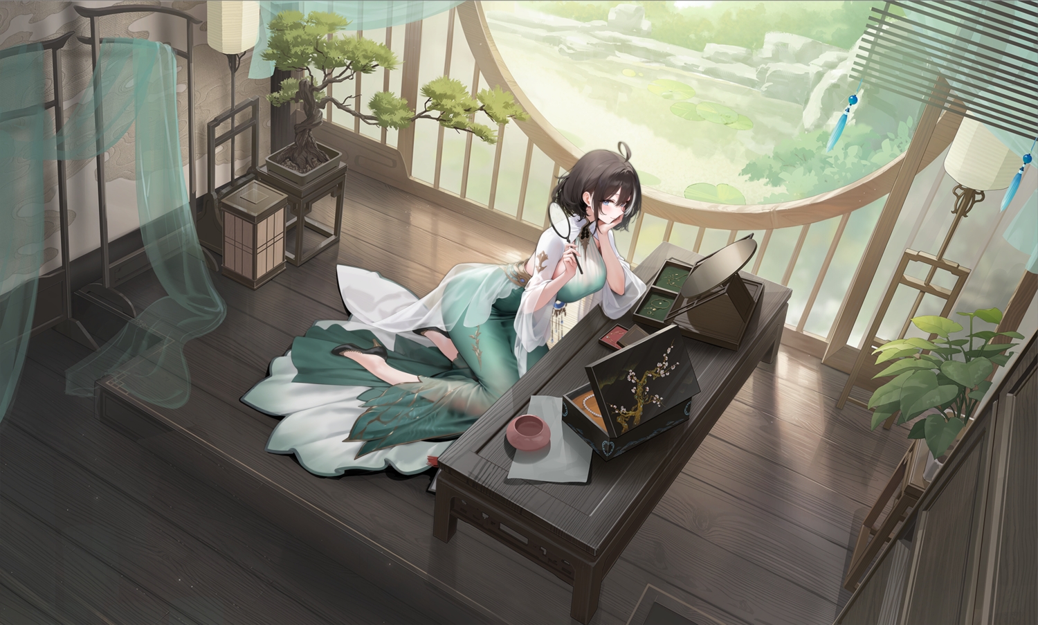 anthropomorphism, azur_lane, blue_eyes, blush, brown_hair, chinese_clothes, dress, hwah_jah_(azur_lane)