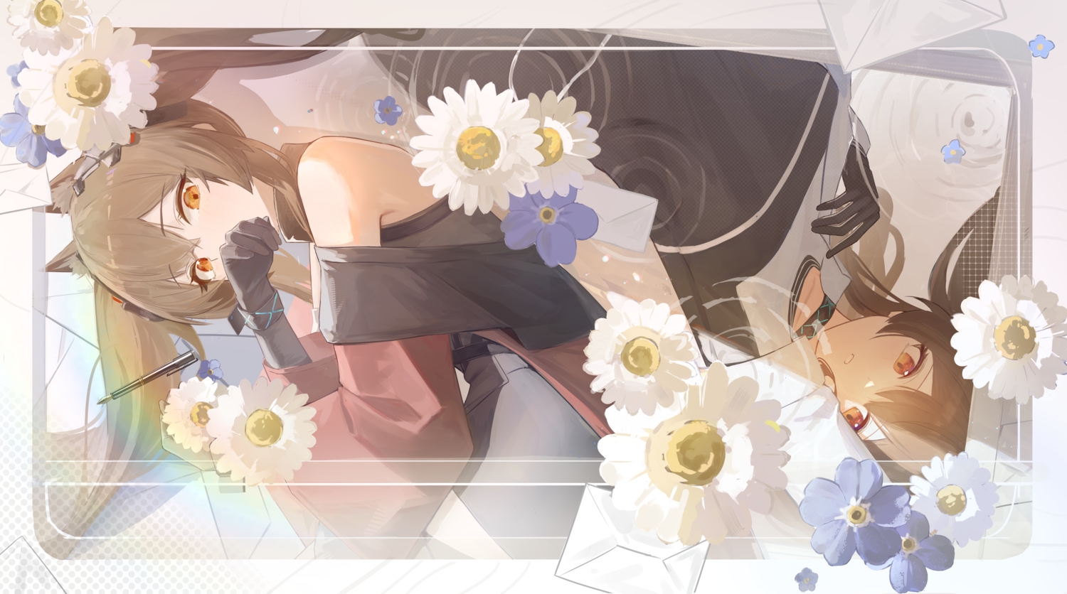 2girls, angelina_(arknights), animal_ears, arknights, arknights:_endfield, brown_eyes, brown_hair, ciexbiet, flowers, foxgirl, gilberta_(arknights:_endfield), gloves, long_hair, twintails