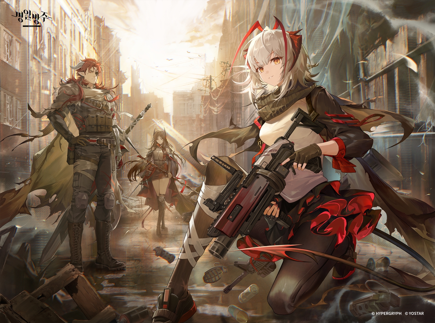 2girls, arknights, ashukapeka, bandage, boots, building, cape, city