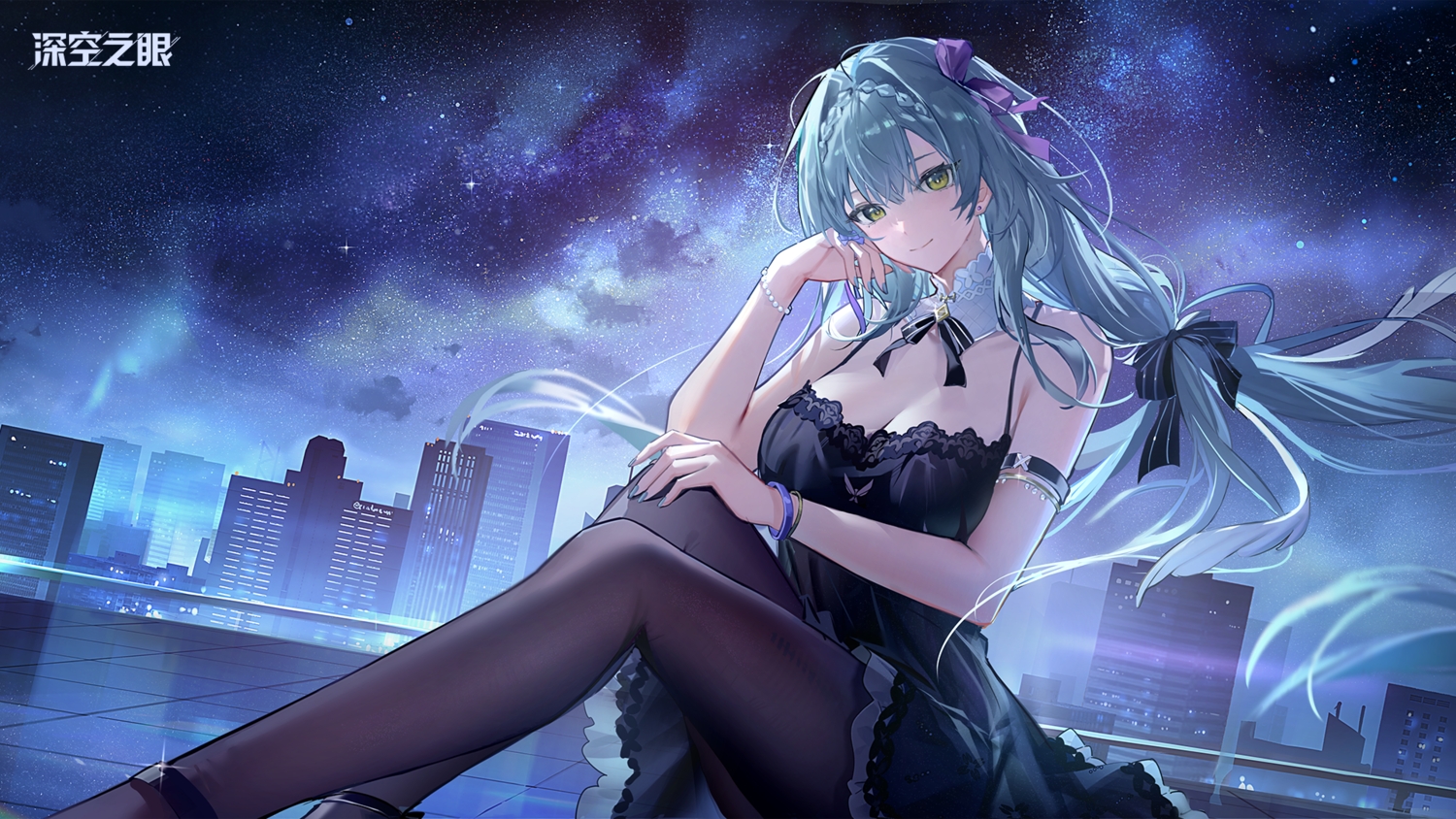 aether_gazer, aqua_hair, bow, braids, breasts, building, city, cleavage