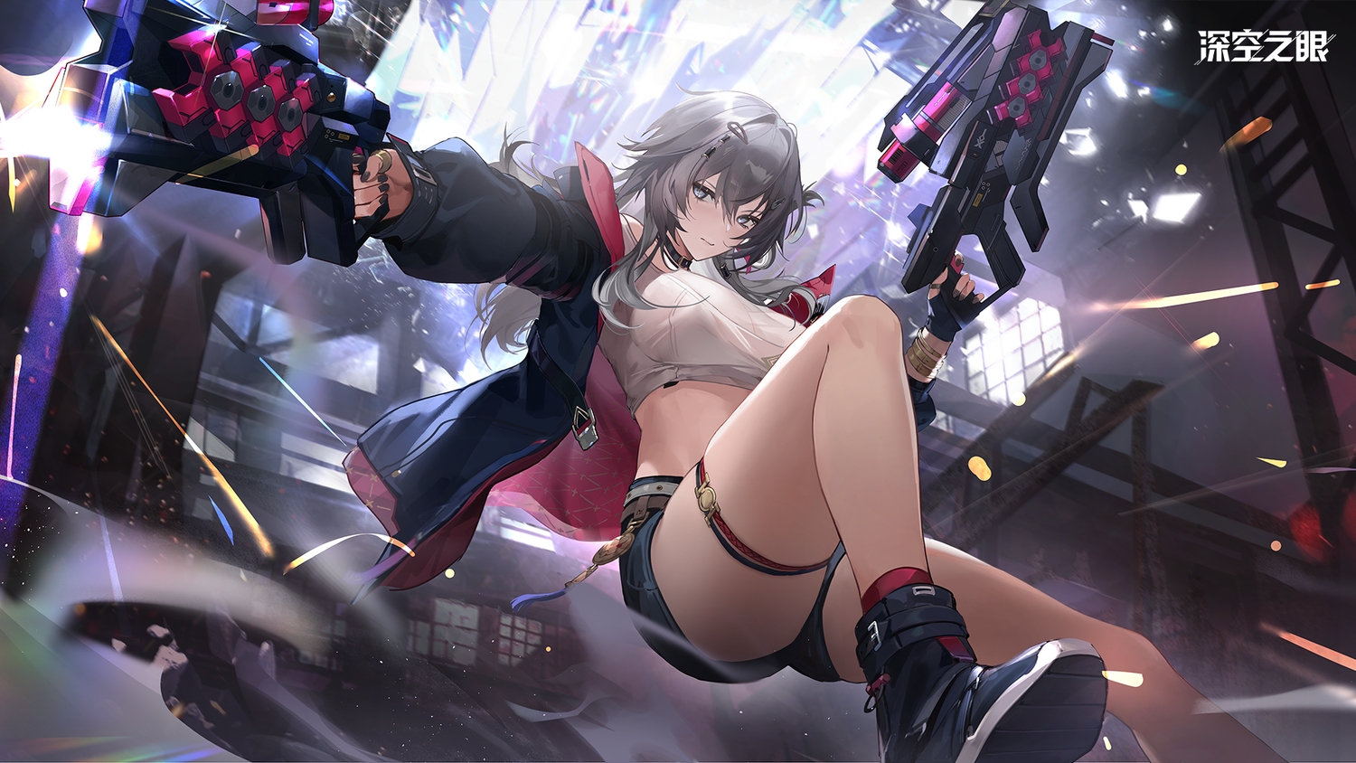 aether_gazer, blue_eyes, breasts, choker, cleavage, garter, gloves, gray_hair