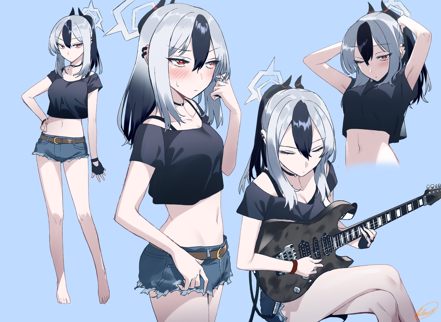 barefoot, blew_andwhite, blue, blue_archive, blush, choker, gloves, gray_hair