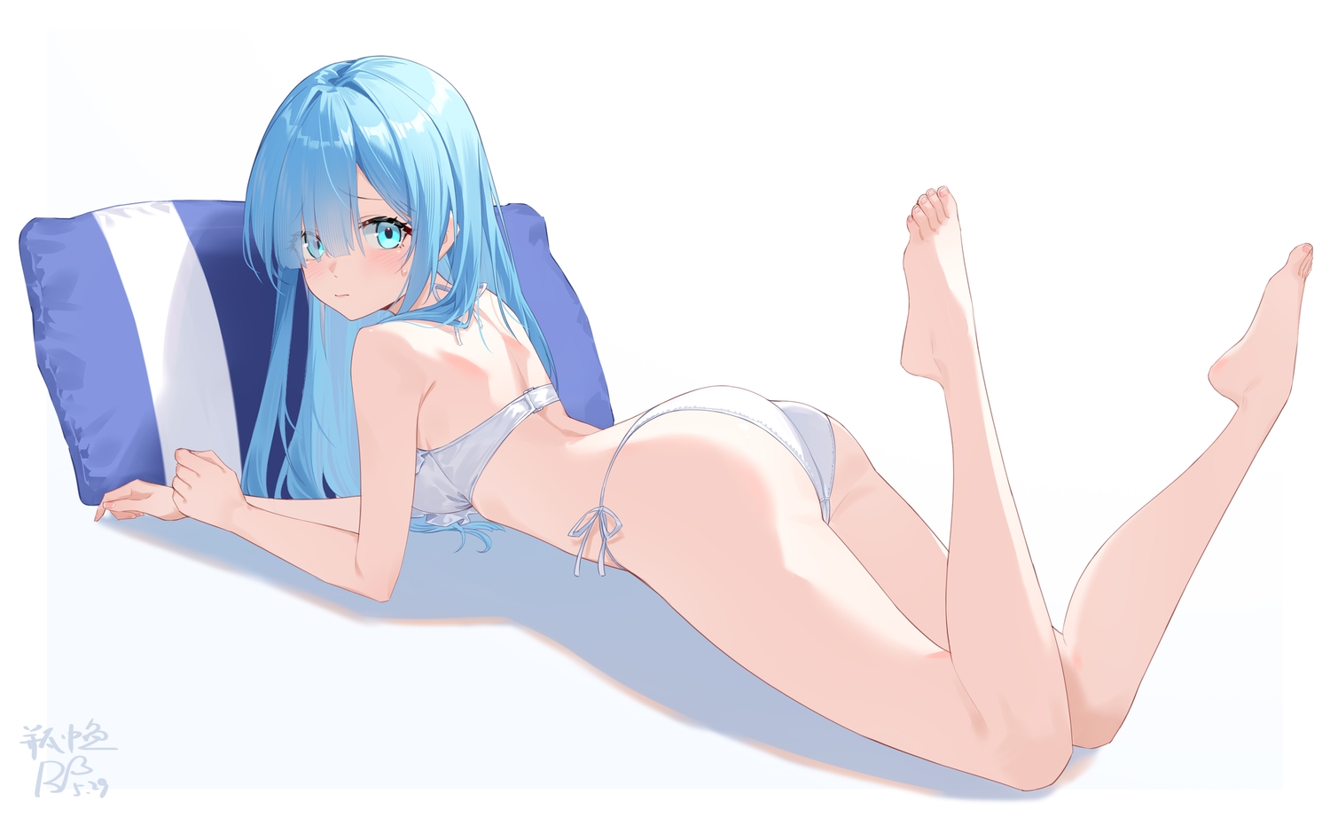 anthropomorphism, aqua_eyes, aqua_hair, ass, azur_lane, barefoot, bikini, blush
