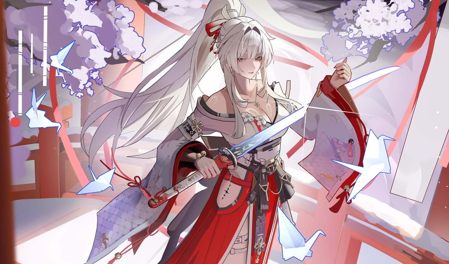 breasts, cleavage, garter, gray_hair, hiyuki_(wuthering_waves), japanese_clothes, katana, long_hair