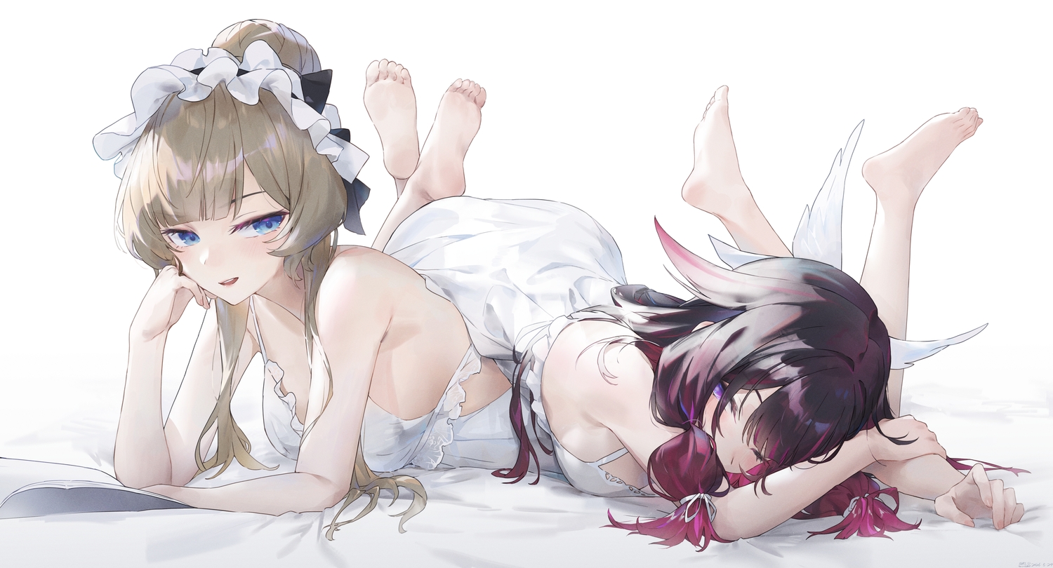 2girls, barefoot, blue_eyes, blush, brown_hair, columbina_(genshin_impact), dress, genshin_impact
