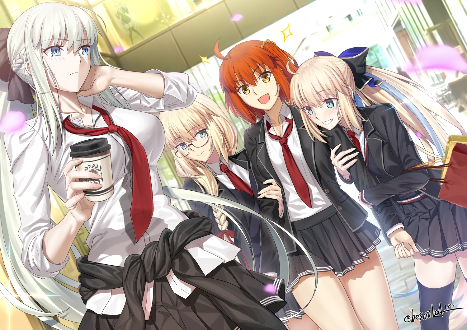 artoria_caster_(fate), artoria_pendragon_(all), besmiled, blonde_hair, blue_eyes, blush, braids, drink
