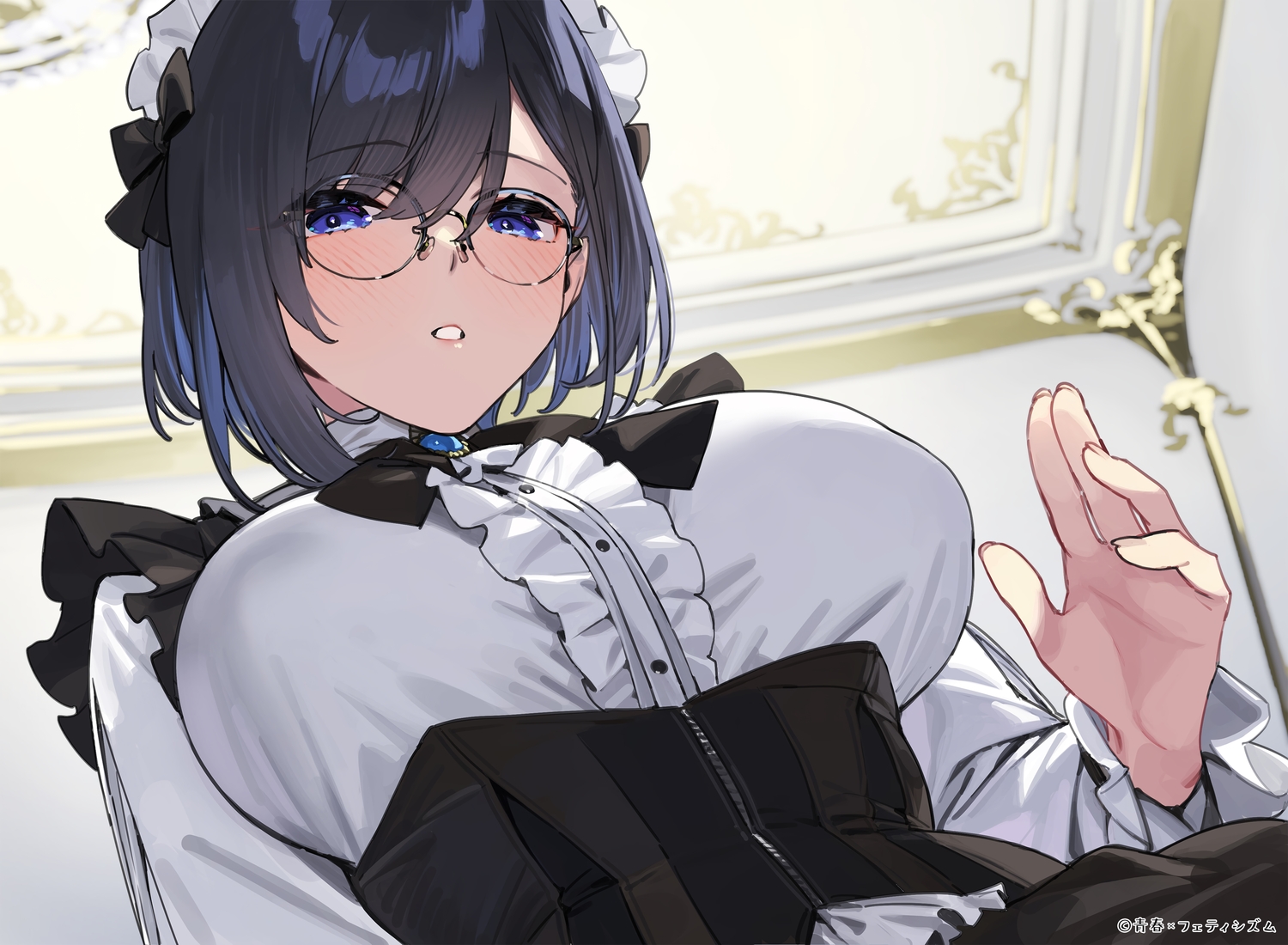 92m, aoharu_x_fetishism, black_hair, blush, bow, close, corset, glasses