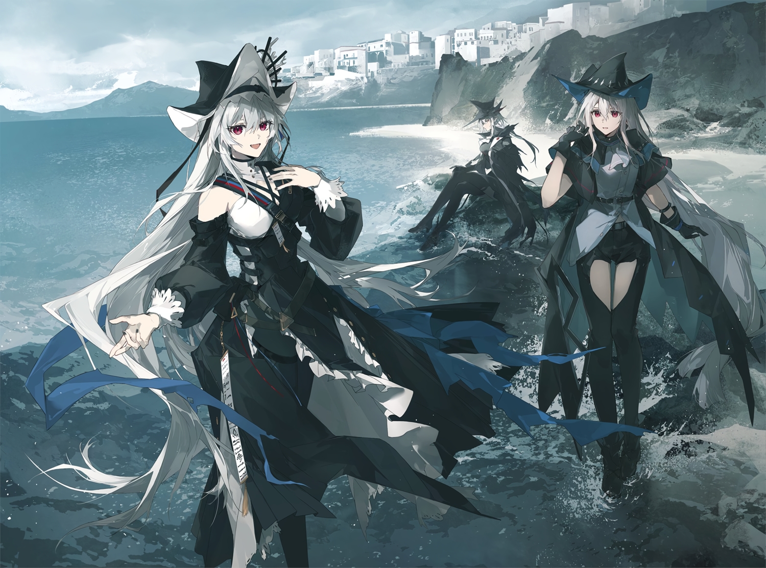 arknights, beach, building, cheonyeon-hi, city, dress, gladiia_(arknights), gray_hair