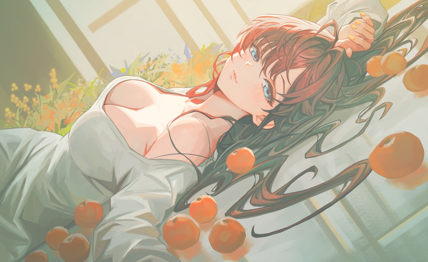 blue_eyes, blush, breasts, brown_hair, cat_smile, cleavage, close, dress