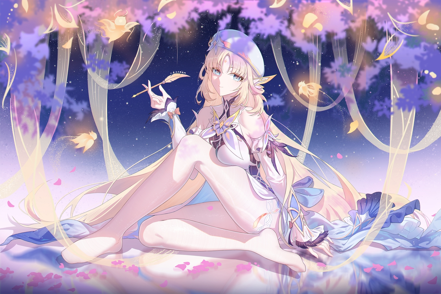 blonde_hair, blue_eyes, breast_hold, breasts, dress, ermu_(enmmm), flowers, genshin_impact