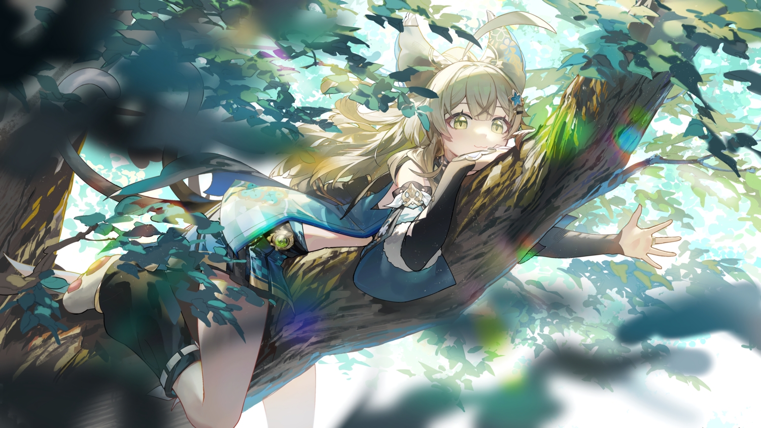 animal_ears, brown_hair, catgirl, cat_smile, genshin_impact, green_eyes, kirara_(genshin_impact), leaves