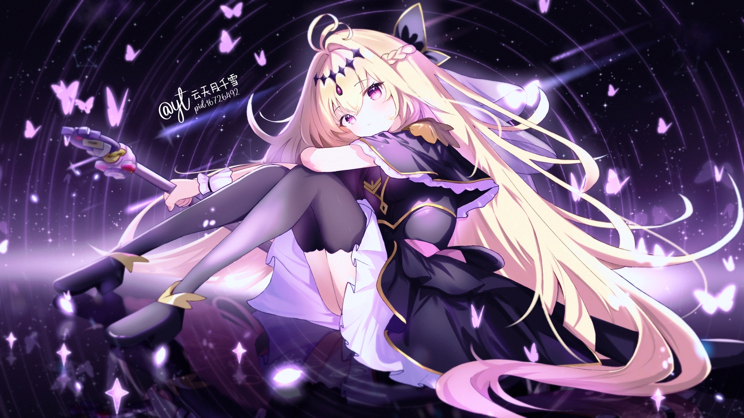 blonde_hair, bow, braids, butterfly, cape, cure_arcana_shadow, dress, long_hair