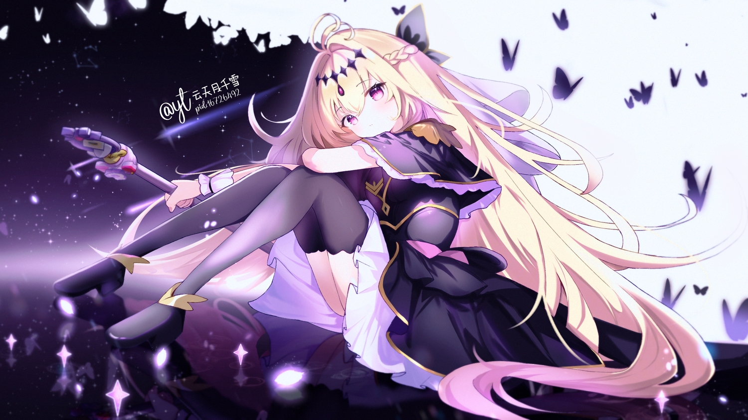 blonde_hair, bow, braids, butterfly, cape, cure_arcana_shadow, dress, long_hair