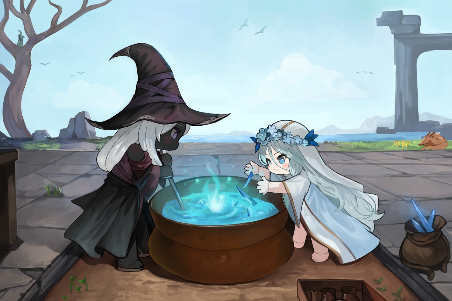 2girls, barefoot, blue_eyes, cat_smile, chibi, clouds, dokomon, doll, dress, elden_ring, elden_ring_nightreign, grass, gray_hair, hat, headdress, long_hair, purple_eyes, recluse_(elden_ring), revenant_(elden_ring), ruins, sky, tree, water, white_hair, witch, witch_hat
