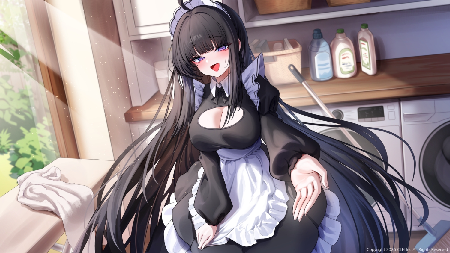 apron, are_maids_love?, black_hair, breasts, cleavage, dress, erbium, headdress