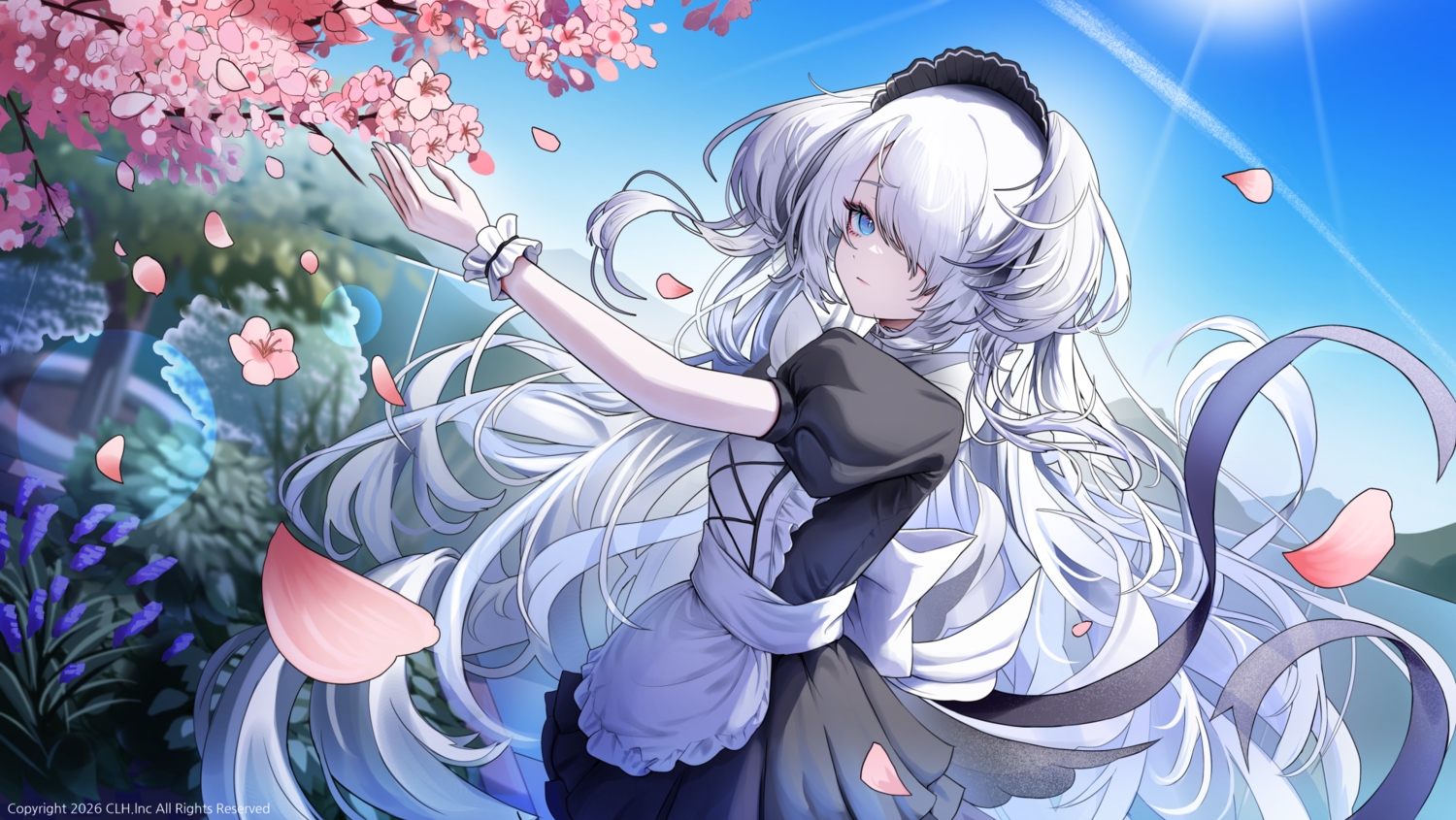 apron, are_maids_love?, blue_eyes, cherry_blossoms, dress, erbium, flowers, headdress