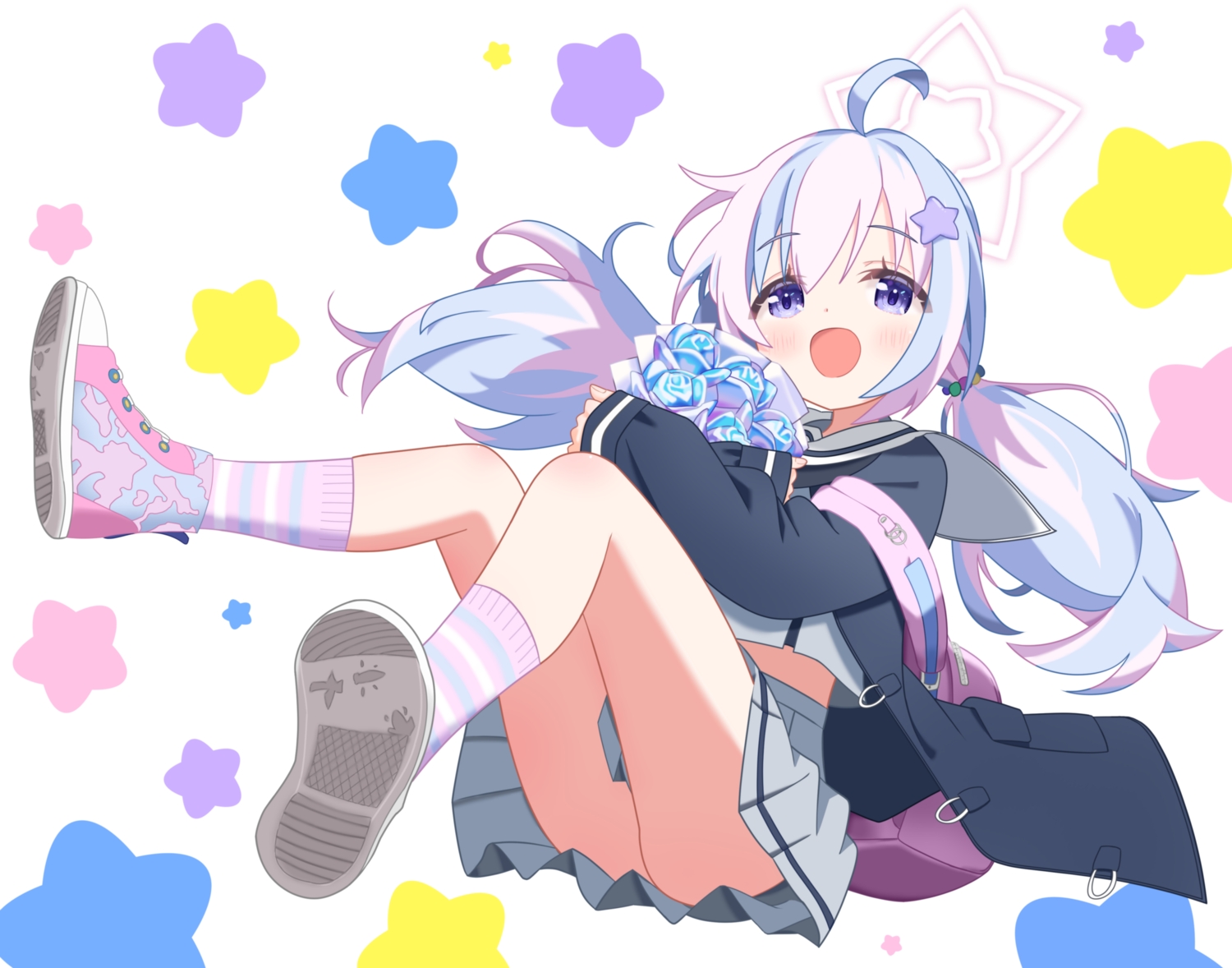 blue_archive, blush, flowers, halo, loli, long_hair, masushi_masashi, pink_hair, purple_eyes, rose, school_uniform, skirt, socks, twintails, uzawa_reisa