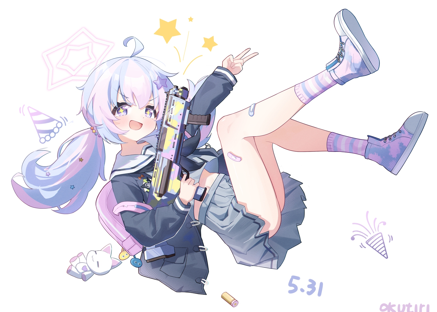 bandaid, blue_archive, doll, exusiai_dust, gun, loli, long_hair, purple_eyes