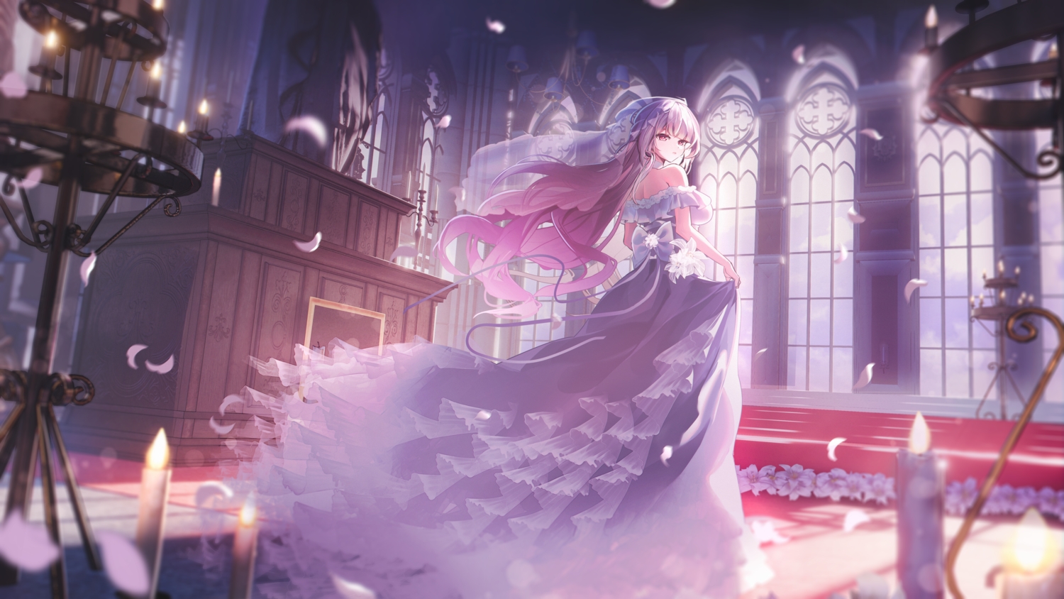 3d, bow, dress, headdress, kohaku_komeiji, long_hair, original, petals
