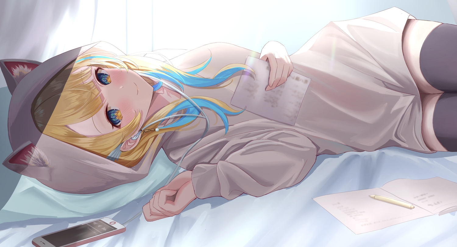 animal_ears, bed, blonde_hair, blush, hirakuro, hood, long_hair, paper