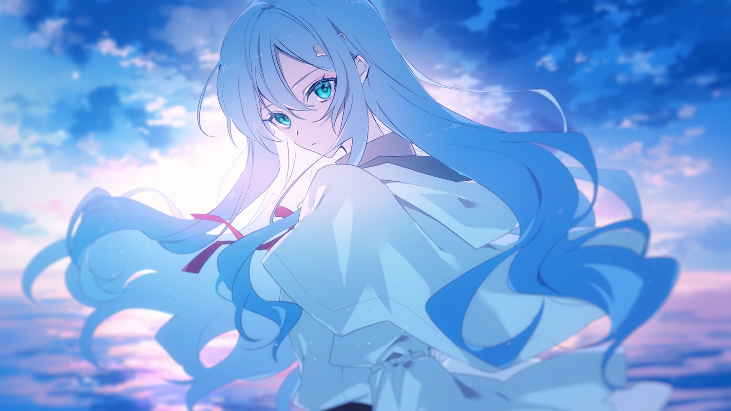 aliasing, amazuki_jou, aqua_eyes, bow, cape, close, clouds, hood
