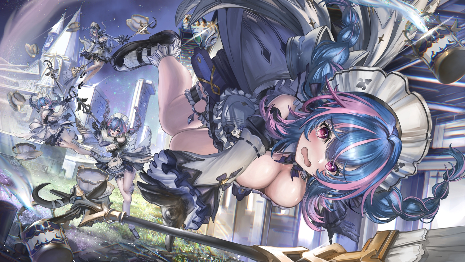 blush, braids, breasts, cleavage, garter, gloves, grass, hir0nohir0, long_hair, maid, night, phoebe_(starward), pink_eyes, sky, socks, staff, stars, starward, twintails