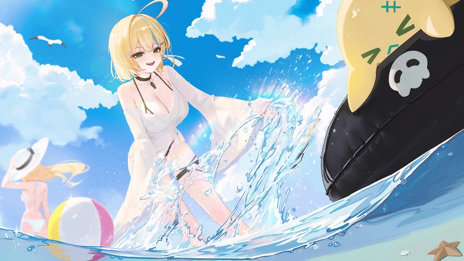 2girls, animal, ball, bikini, bird, blonde_hair, breasts, cleavage