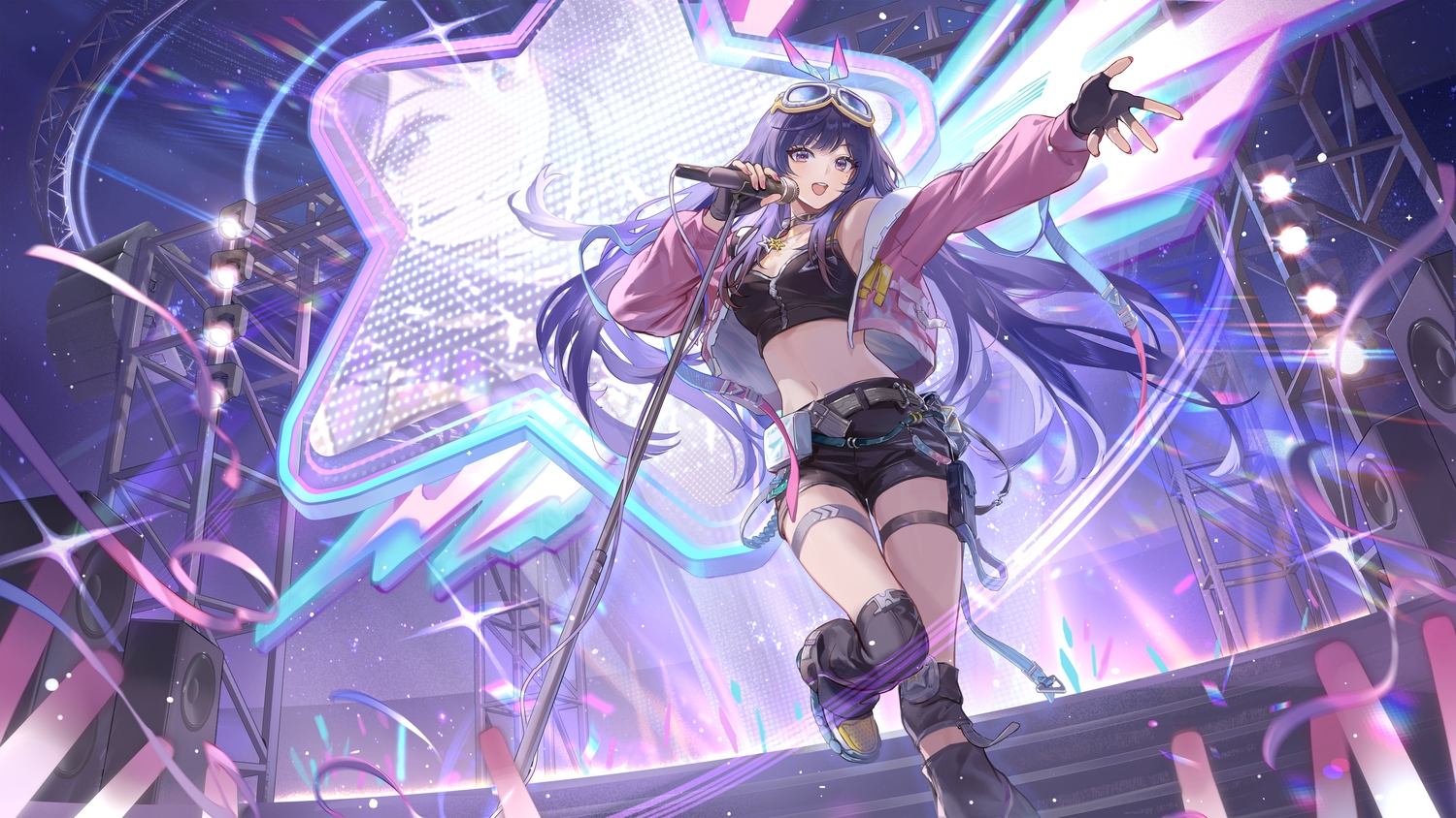 achyue, a-soul, bella_(a-soul), choker, garter, gloves, goggles, long_hair