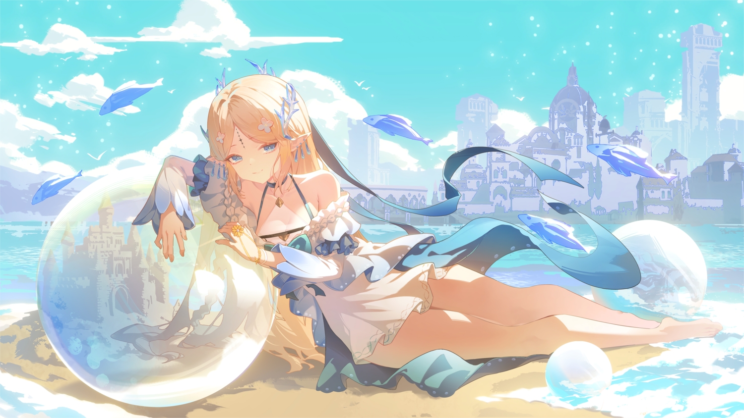 animal, ball, barefoot, beach, blonde_hair, blue_eyes, breasts, building
