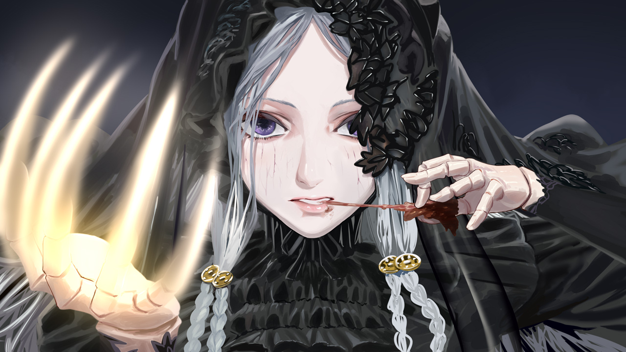 braids, close, doll, elden_ring, elden_ring_nightreign, food, goth-loli, gray_hair, headdress, lolita_fashion, long_hair, magic, purple_eyes, revenant_(elden_ring), yappen