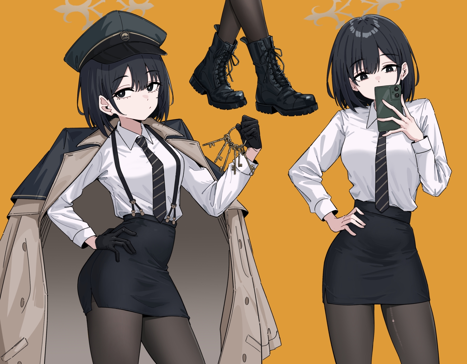 black_eyes, black_hair, blue_archive, boots, cape, gloves, halo, hat, hiromi_(blue_archive), orange, pantyhose, phone, shirt, short_hair, skirt, tie, tinkie, torn_clothes