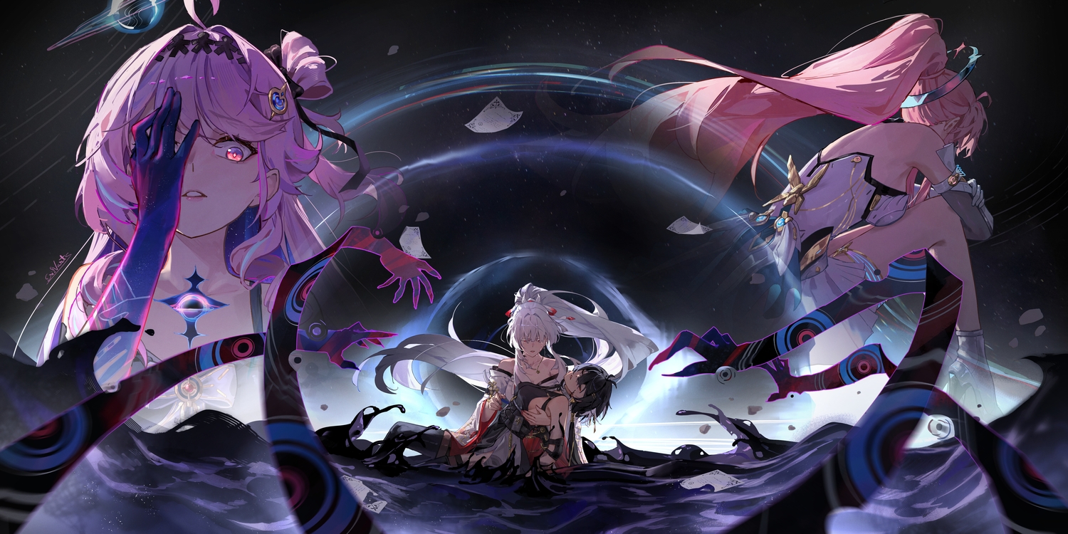 aemeath_(wuthering_waves), aleph-1_(wuthering_waves), black_hair, denia_(wuthering_waves), dress, elbow_gloves, erikvarts, female_rover_(wuthering_waves), gloves, gray_hair, group, hiyuki_(wuthering_waves), japanese_clothes, long_hair, necklace, pink_hair, ponytail, red_eyes, tears, thighhighs, wuthering_waves