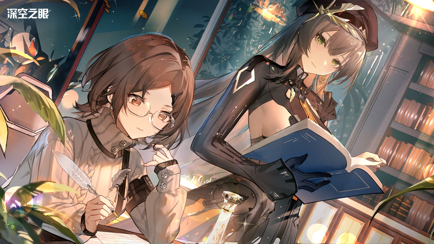 2girls, aether_gazer, book, breasts, brown_eyes, brown_hair, close, dress
