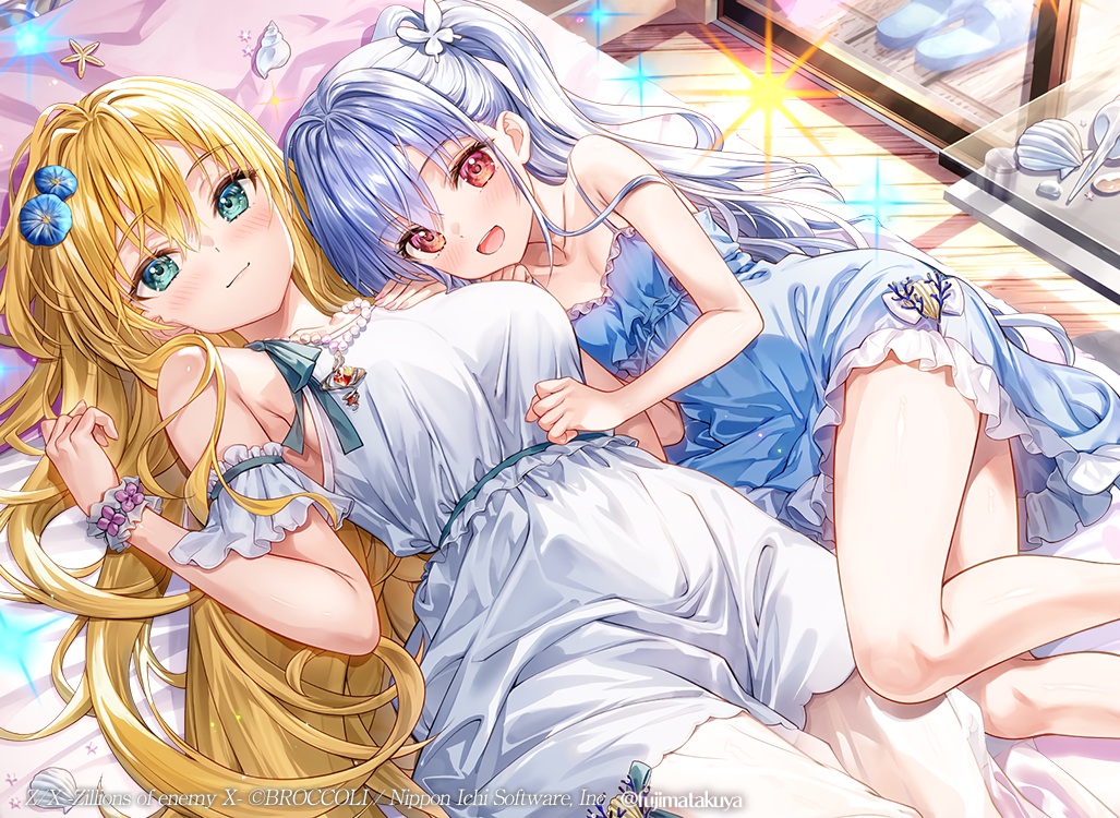 2girls, aqua_eyes, bed, blonde_hair, blush, dress, fujima_takuya, gray_hair
