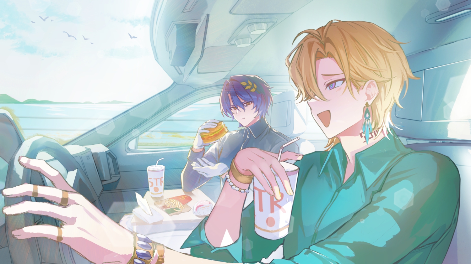 all_male, aventurine_(honkai:_star_rail), blonde_hair, car, close, clouds, drink, dr._ratio_(honkai:_star_rail), food, gloves, hokkul, honkai_(series), honkai:_star_rail, male, orange_eyes, purple_eyes, purple_hair, short_hair, sky, water, wristwear