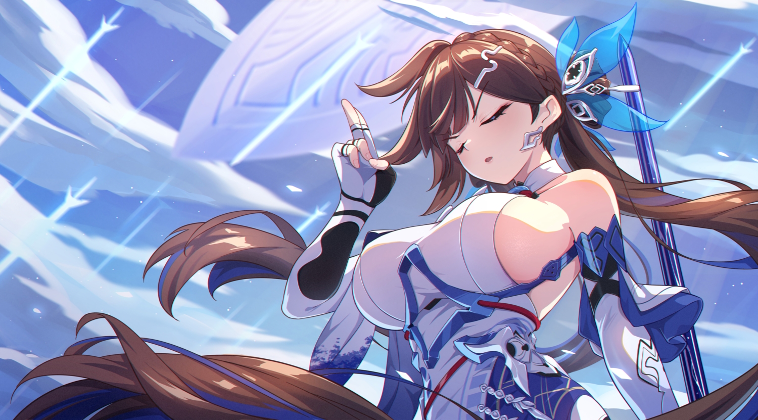 braids, breasts, brown_hair, close, clouds, elbow_gloves, gloves, honkai_impact