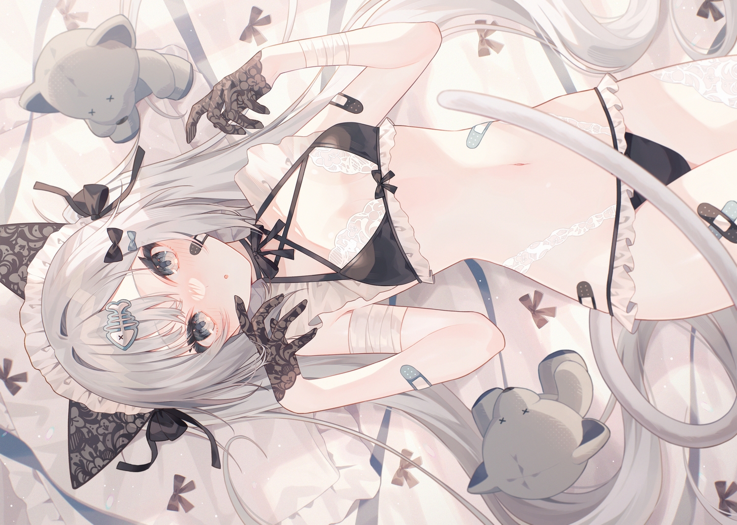 animal_ears, bandage, bandaid, bed, blush, bow, bra, catgirl