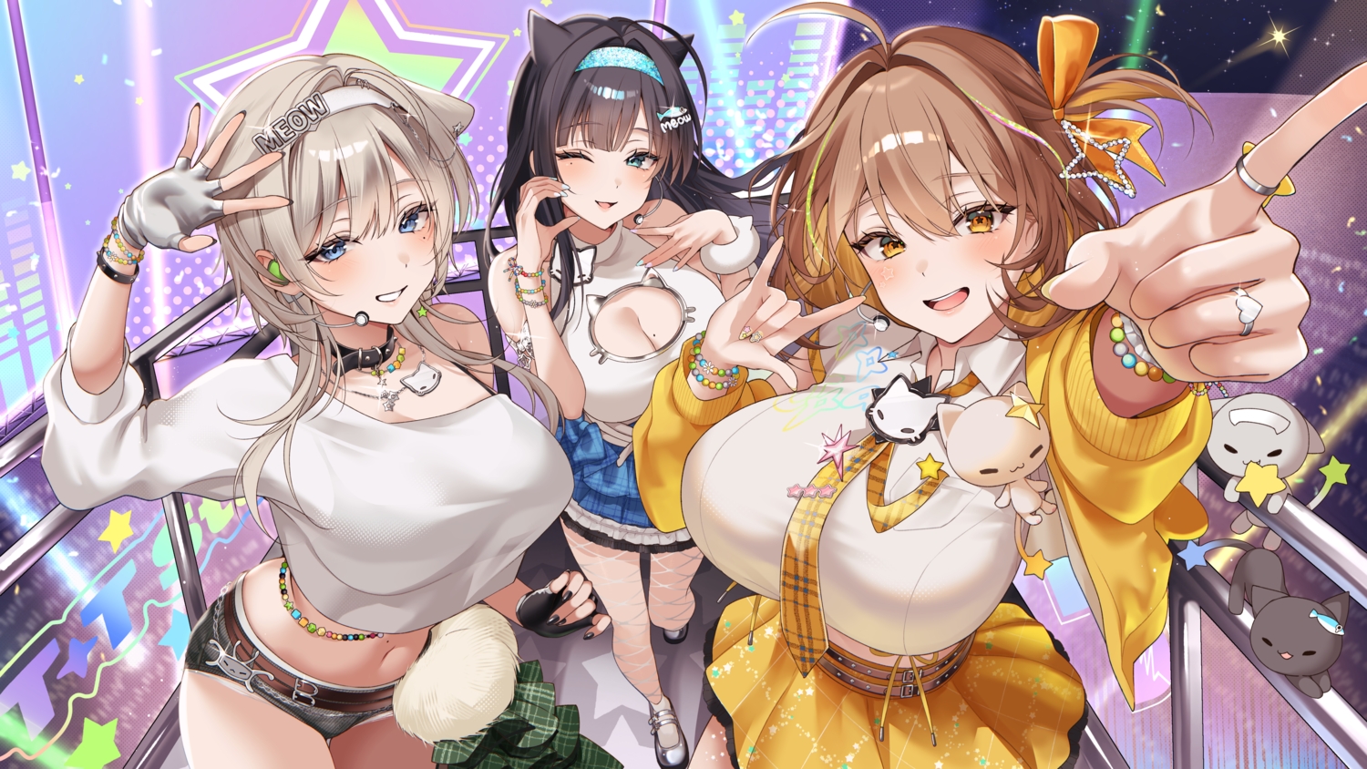 animal_ears, anis_(nikke), blue_eyes, blush, bow, breasts, brown_hair, cleavage