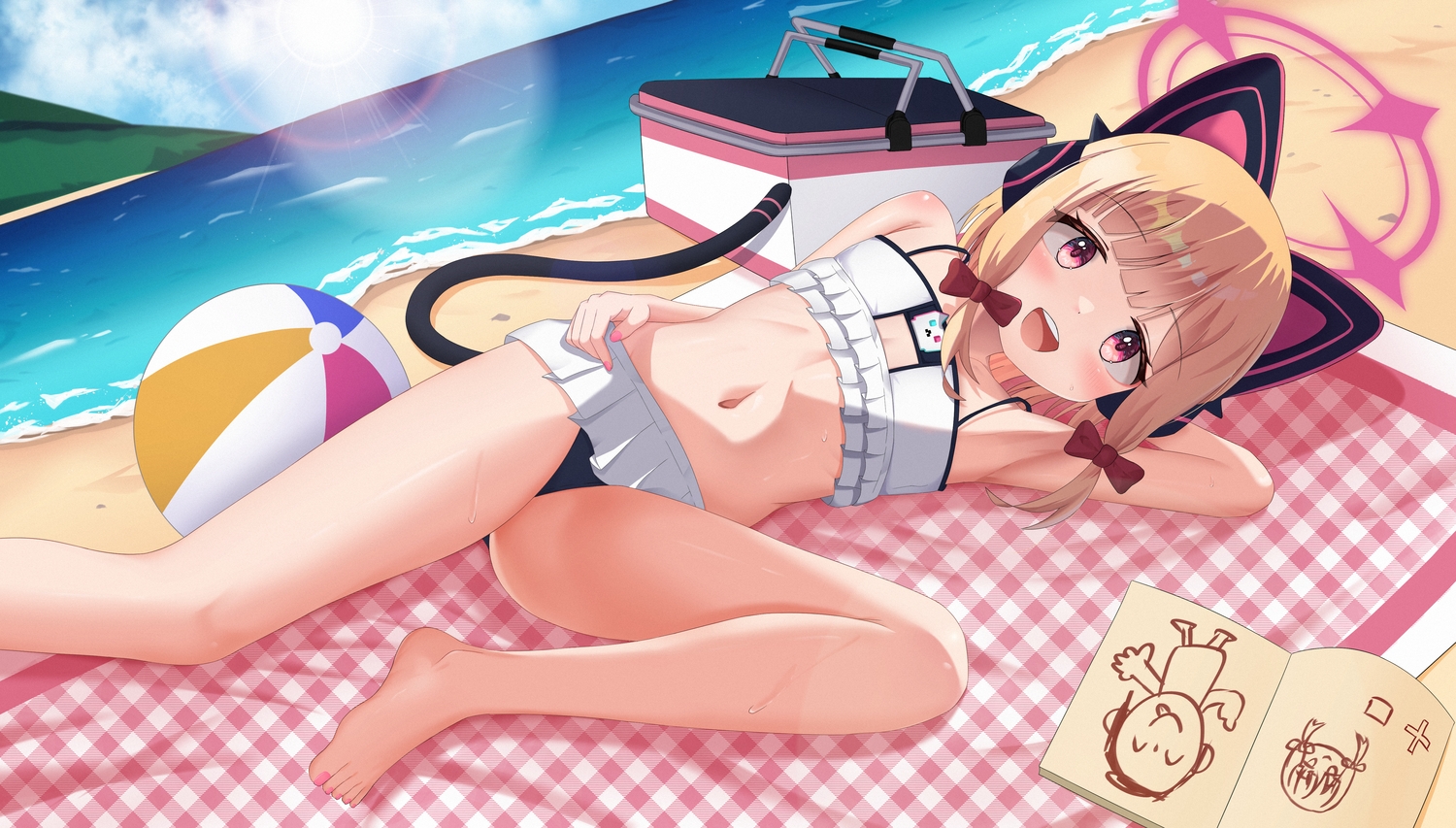 animal_ears, ball, barefoot, beach, bikini, blonde_hair, blue_archive, book, bow, catgirl, clouds, c-r-carlos, halo, headphones, loli, navel, pink_eyes, saiba_momoi, skirt, sky, swimsuit, tail, water